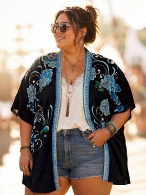 CHICOS Kimono Cardigan Blue Floral Boh Lightweight L/XL Beach Bohochic Vacation